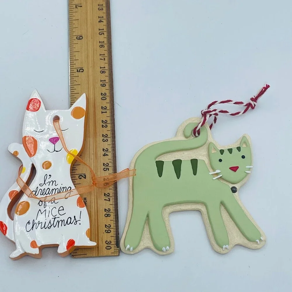 Pair of Hallmark Christmas Tree Ornaments Green & Polka Dot Cats HMK
